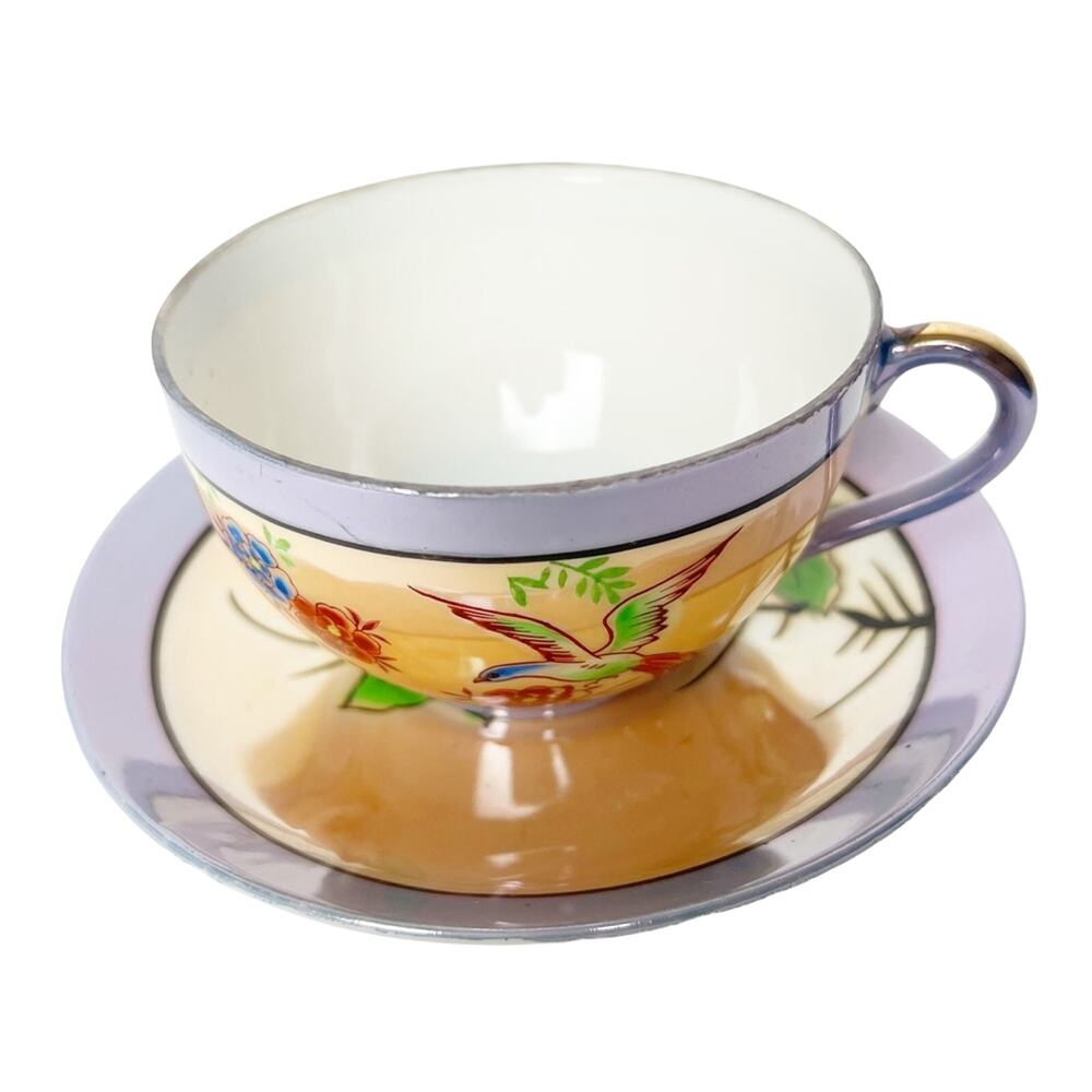 Vintage Chikaramachi Lavender & Peach Bird Floral Hand Painted Teacup Saucer Set
